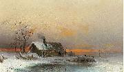 wilhelm von gegerfelt Winter picture with cabin at a river France oil painting artist